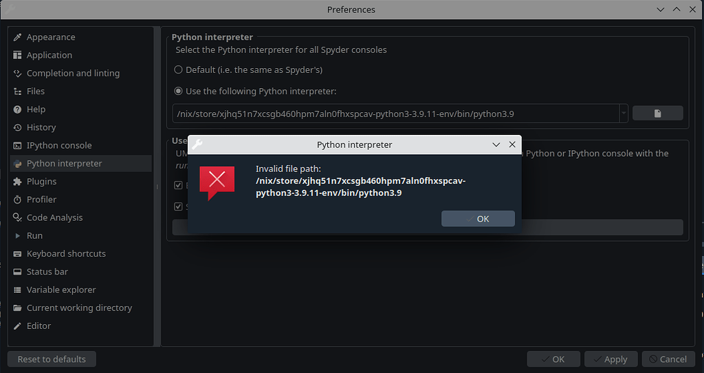 Spyder - Python Interpreter # Invalid File Path - Help - Nixos Discourse