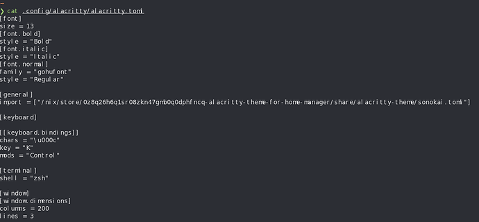 Screenshot of a terminal showing content of a file using the cat command. The font looks all wonky, letters are on top of each other and makes the whole almost unreadable.