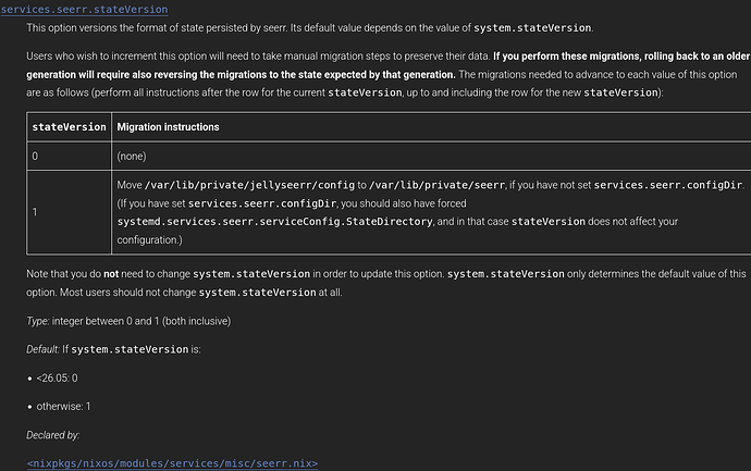 Snapshot of the docs for services.seerr.stateVersion, as rendered by the current state of the above PR