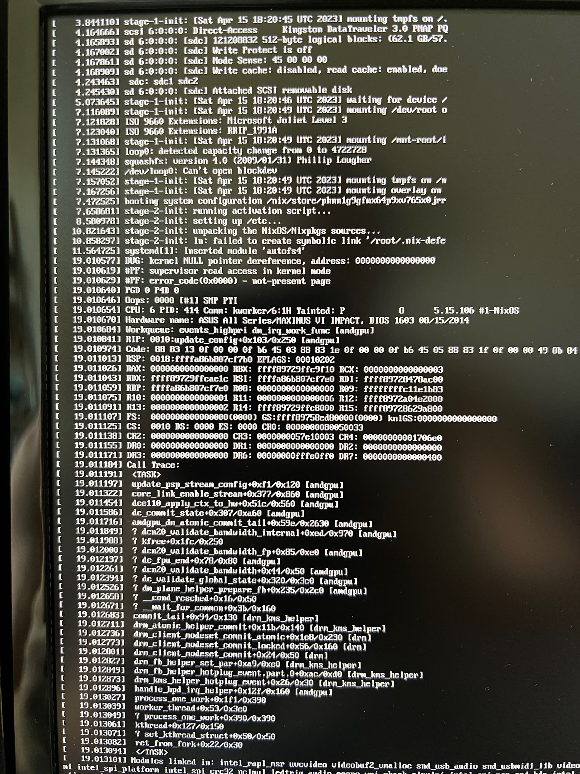 Kernel null pointer dereference when booting installer image